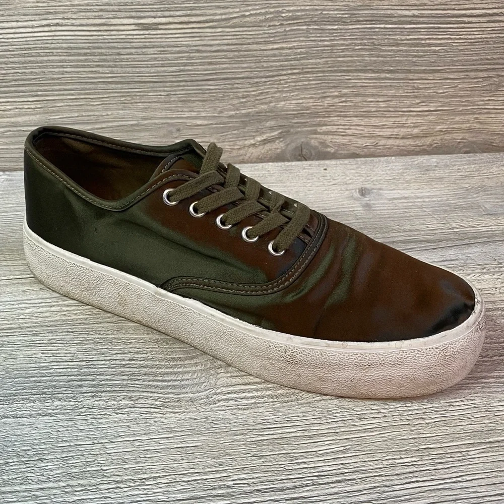 Olive satin lace up sneakers with chunky white soles size 40 Pull & Bear